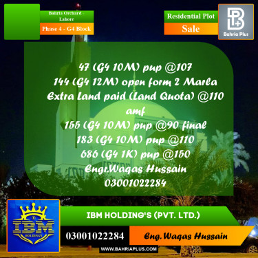 10 Marla Residential Plot for Sale in Phase 4 - G4 Block -  Bahria Orchard, Lahore - (BP-316686)