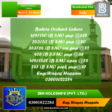 10 Marla Residential Plot for Sale in Phase 4 - G5 Block -  Bahria Orchard, Lahore - (BP-316690)