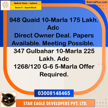 10 Marla Residential Plot for Sale in Sector E - Quaid Block -  Bahria Town, Lahore - (BP-316699)