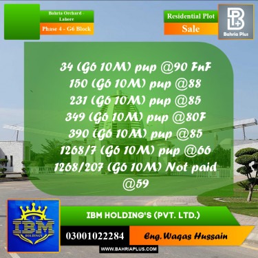 10 Marla Residential Plot for Sale in Phase 4 - G6 Block -  Bahria Orchard, Lahore - (BP-316782)