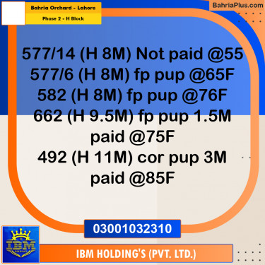 8 Marla Residential Plot for Sale in Phase 2 - H Block -  Bahria Orchard, Lahore - (BP-316870)