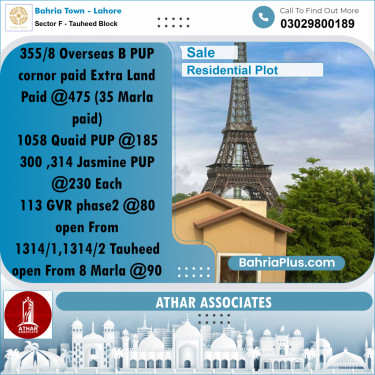 8 Marla Residential Plot for Sale in Sector F - Tauheed Block -  Bahria Town, Lahore - (BP-316965)
