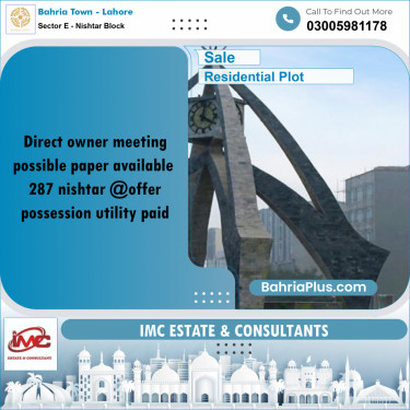 10 Marla Residential Plot for Sale in Sector E - Nishtar Block -  Bahria Town, Lahore - (BP-317071)
