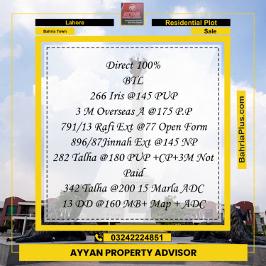 10 Marla Residential Plot for Sale in Bahria Town, Lahore - (BP-317260)