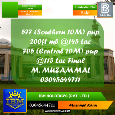 10 Marla Residential Plot for Sale in Phase 1 - Southern District -  Bahria Orchard, Lahore - (BP-317390)