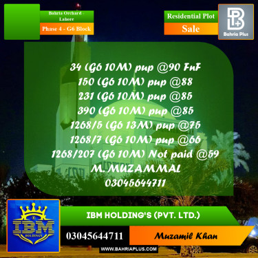 10 Marla Residential Plot for Sale in Phase 4 - G6 Block -  Bahria Orchard, Lahore - (BP-317394)