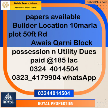 Residential Plot for Sale in Sector B - Awais Qarni -  Bahria Town, Lahore - (BP-317513)