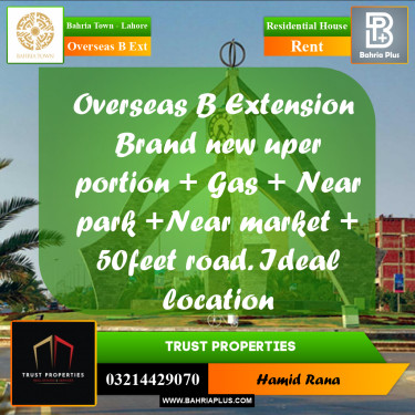 10 Marla Residential House for Rent in Overseas B Ext -  Bahria Town, Lahore - (BP-317961)