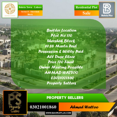 10 Marla Residential Plot for Sale in Sector F - Shershah Block -  Bahria Town, Lahore - (BP-318003)