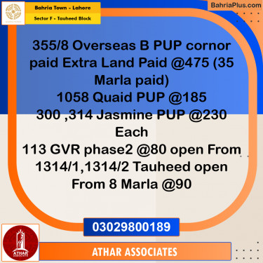 8 Marla Residential Plot for Sale in Sector F - Tauheed Block -  Bahria Town, Lahore - (BP-318039)