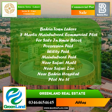 8 Marla Commercial Plot for Sale in Sector B - Umer Commercial -  Bahria Town, Lahore - (BP-318048)