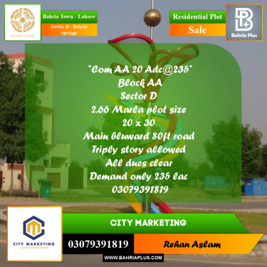 Residential Plot for Sale in Sector B - Bahria Springs -  Bahria Town, Lahore - (BP-318137)