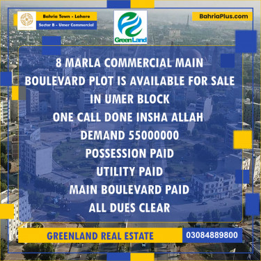 8 Marla Commercial Plot for Sale in Sector B - Umer Commercial -  Bahria Town, Lahore - (BP-318145)