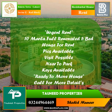 10 Marla Residential House for Rent in Sector E - Rafi Block -  Bahria Town, Lahore - (BP-318180)