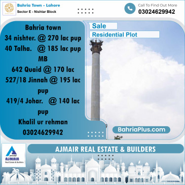 20 Marla Residential Plot for Sale in Sector E - Nishtar Block -  Bahria Town, Lahore - (BP-318254)