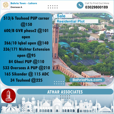 10 Marla Residential Plot for Sale in Overseas A -  Bahria Town, Lahore - (BP-318323)