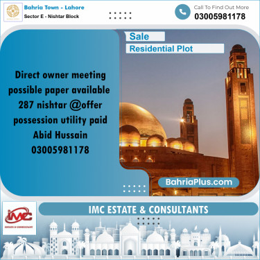 10 Marla Residential Plot for Sale in Sector E - Nishtar Block -  Bahria Town, Lahore - (BP-318438)