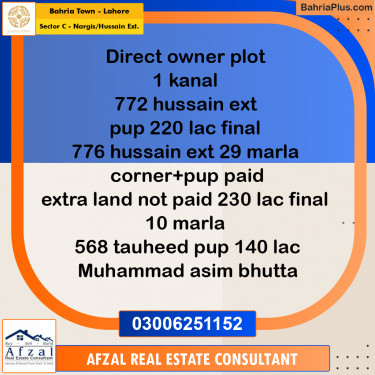1 Kanal Residential Plot for Sale in Sector C - Nargis/Hussain Ext. -  Bahria Town, Lahore - (BP-318593)
