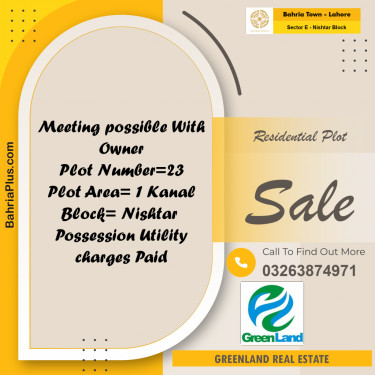 1 Kanal Residential Plot for Sale in Sector E - Nishtar Block -  Bahria Town, Lahore - (BP-318755)