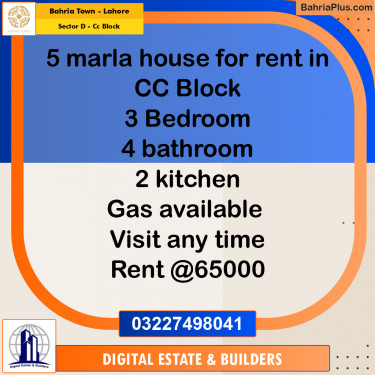 5 Marla Residential House for Rent in Sector D - CC Block -  Bahria Town, Lahore - (BP-318773)