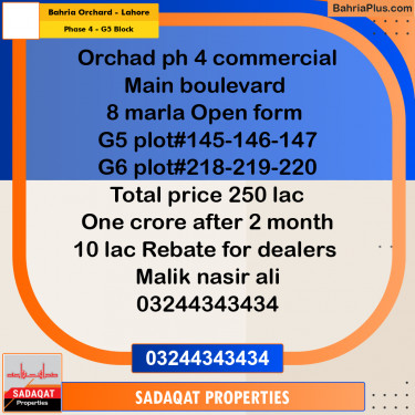 8 Marla Commercial Plot for Sale in Phase 4 - G5 Block -  Bahria Orchard, Lahore - (BP-318959)