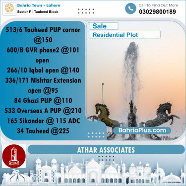 10 Marla Residential Plot for Sale in Sector F - Tauheed Block -  Bahria Town, Lahore - (BP-319000)