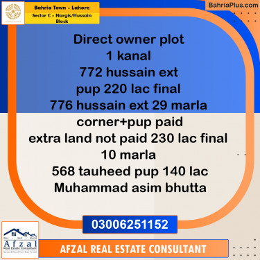 1 Kanal Residential Plot for Sale in Sector C - Nargis/Hussain Block -  Bahria Town, Lahore - (BP-319326)