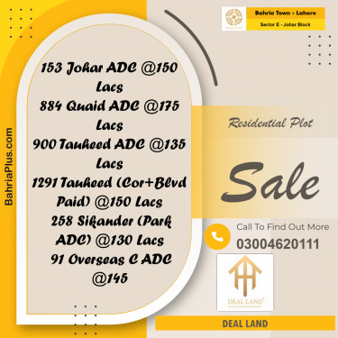 10 Marla Residential Plot for Sale in Sector E - Johar Block -  Bahria Town, Lahore - (BP-325923)