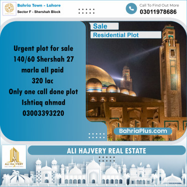 27 Marla Residential Plot for Sale in Sector F - Shershah Block -  Bahria Town, Lahore - (BP-328696)