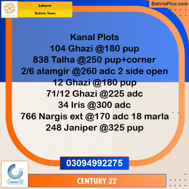 1 Kanal Residential Plot for Sale in Bahria Town, Lahore - (BP-328871)