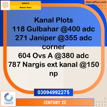 1 Kanal Residential Plot for Sale in Bahria Town, Lahore - (BP-328873)