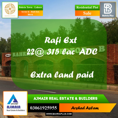 3.86 Marla Residential Plot for Sale in Sector E - Rafi Ext. Block -  Bahria Town, Lahore - (BP-329331)