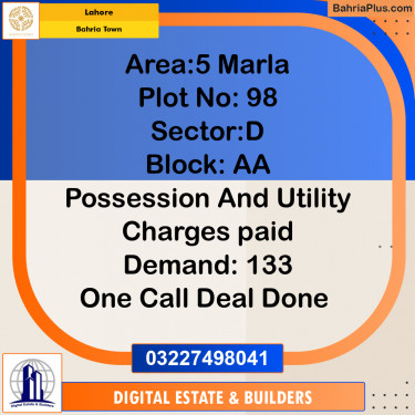 5 Marla Residential Plot for Sale in Bahria Town, Lahore - (BP-329343)