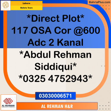 2 Kanal Residential Plot for Sale in Bahria Town, Lahore - (BP-329391)