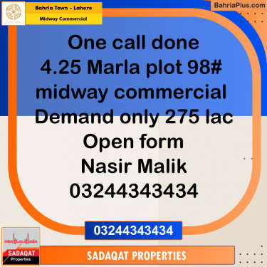 4.22 Marla Residential Plot for Sale in Midway Commercial -  Bahria Town, Lahore - (BP-329548)