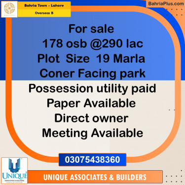 19 Marla Residential Plot for Sale in Overseas B -  Bahria Town, Lahore - (BP-329661)