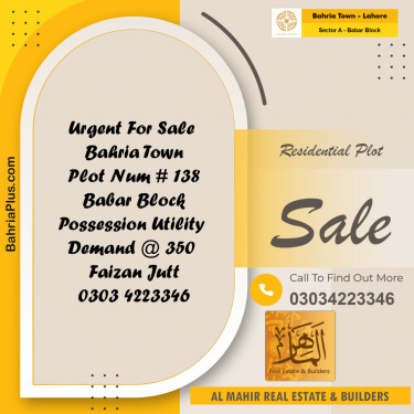 Residential Plot for Sale in Sector A - Babar Block -  Bahria Town, Lahore - (BP-329680)