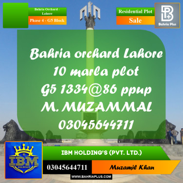 10 Marla Residential Plot for Sale in Phase 4 - G5 Block -  Bahria Orchard, Lahore - (BP-329830)