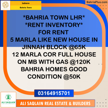 5 Marla Residential House for Rent in Bahria Town, Lahore - (BP-329971)