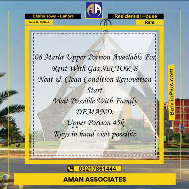 8 Marla Residential House for Rent in Sector B - Ali Block -  Bahria Town, Lahore - (BP-329972)