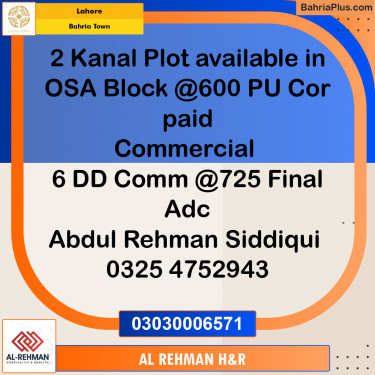 2 Kanal Residential Plot for Sale in Bahria Town, Lahore - (BP-329998)