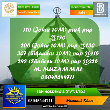 10 Marla Residential Plot for Sale in Sector E - Johar Block -  Bahria Town, Lahore - (BP-330126)