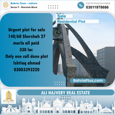27 Marla Residential Plot for Sale in Sector F - Shershah Block -  Bahria Town, Lahore - (BP-330378)