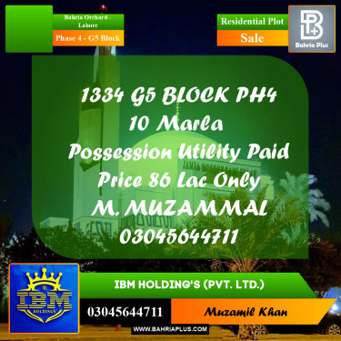 10 Marla Residential Plot for Sale in Phase 4 - G5 Block -  Bahria Orchard, Lahore - (BP-330454)