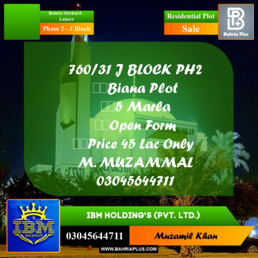 5 Marla Residential Plot for Sale in Phase 2 - J Block -  Bahria Orchard, Lahore - (BP-330455)