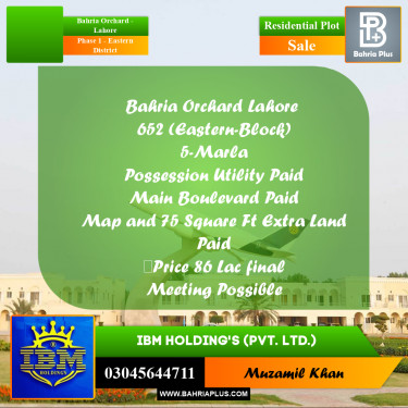 5 Marla Residential Plot for Sale in Phase 1 - Eastern District -  Bahria Orchard, Lahore - (BP-330459)