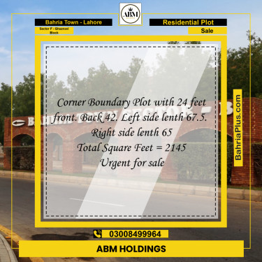 10 Marla Residential Plot for Sale in Sector F - Ghaznavi Block -  Bahria Town, Lahore - (BP-330501)