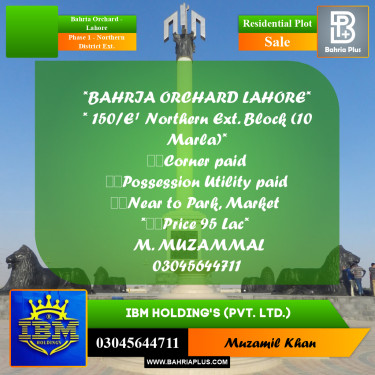10 Marla Residential Plot for Sale in Phase 1 - Northern District Ext. -  Bahria Orchard, Lahore - (BP-330513)