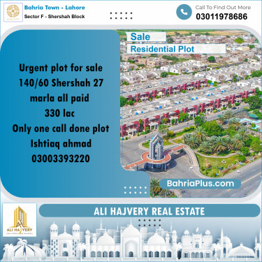 27 Marla Residential Plot for Sale in Sector F - Shershah Block -  Bahria Town, Lahore - (BP-330563)
