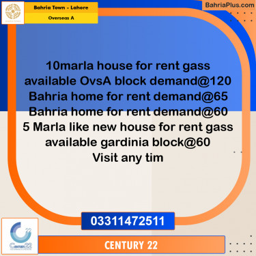 10 Marla Residential House for Rent in Overseas A -  Bahria Town, Lahore - (BP-330641)